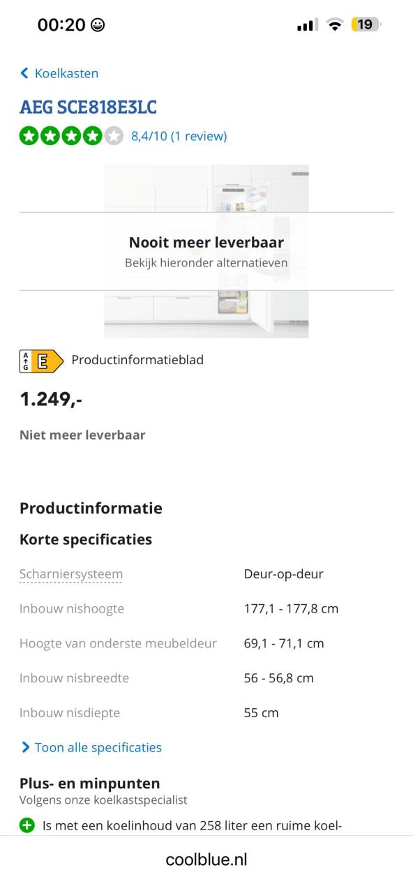 AEG SCE818E3LC inbouw koel vries-combinatie 177x55 cm.
