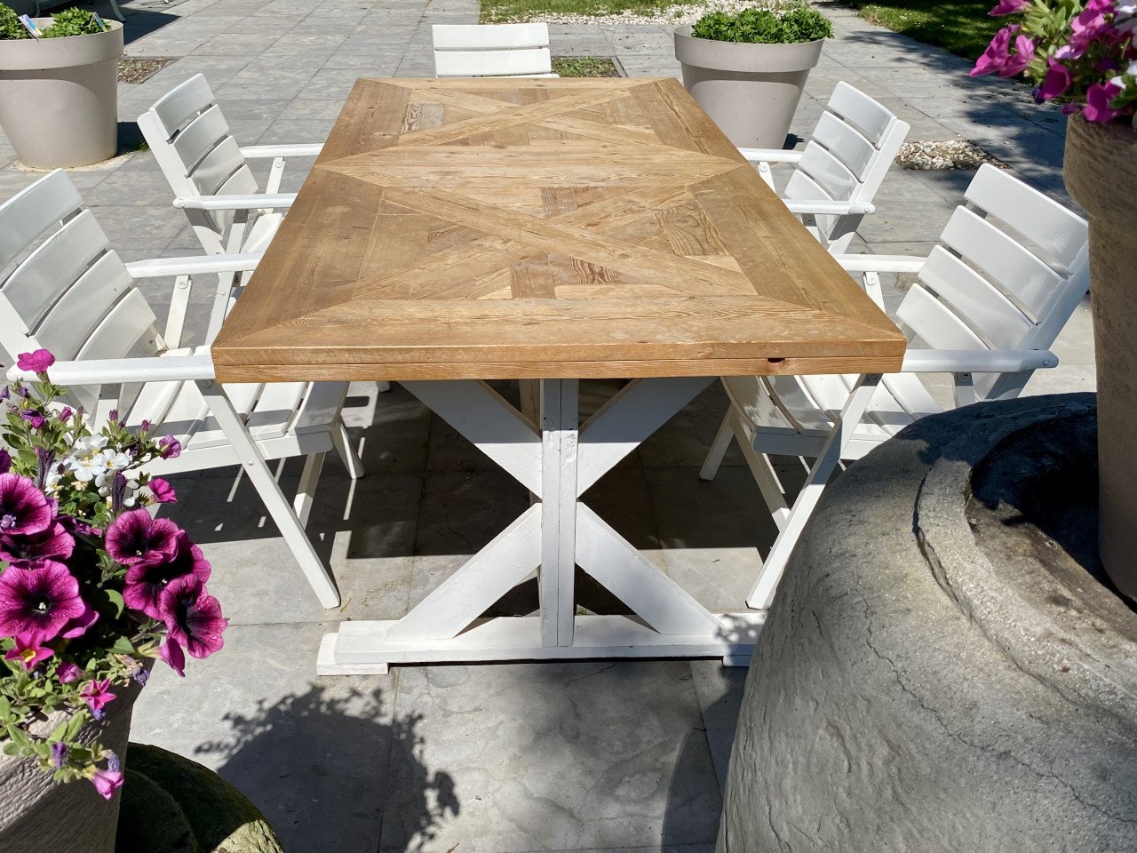 Prachtig uniek houten tuinset met XL tafel