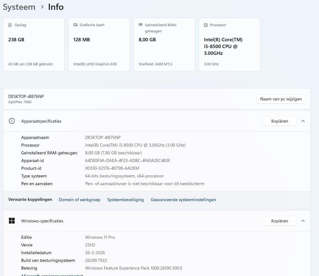 Dell Optiplex 7060 i5 8500/6core M2-2230 NVMe 256 Gb