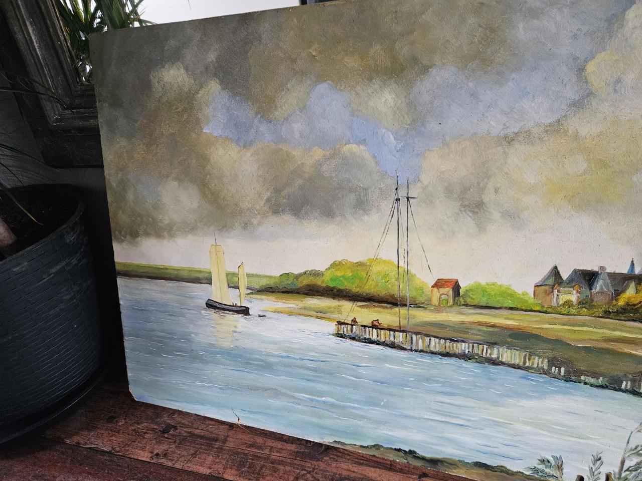 Olieverfschilderij: Hollandse Molen aan het Water