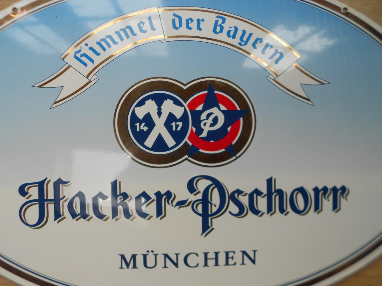 Emaille reclamebord plaat schild Hacker Pschorr bier Munchen