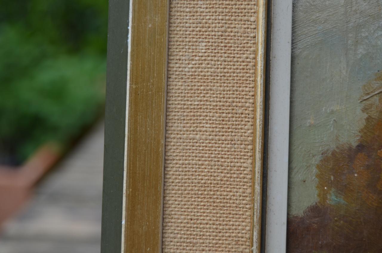 Olie op doek boerderijtje in landschap 19e eeuws.