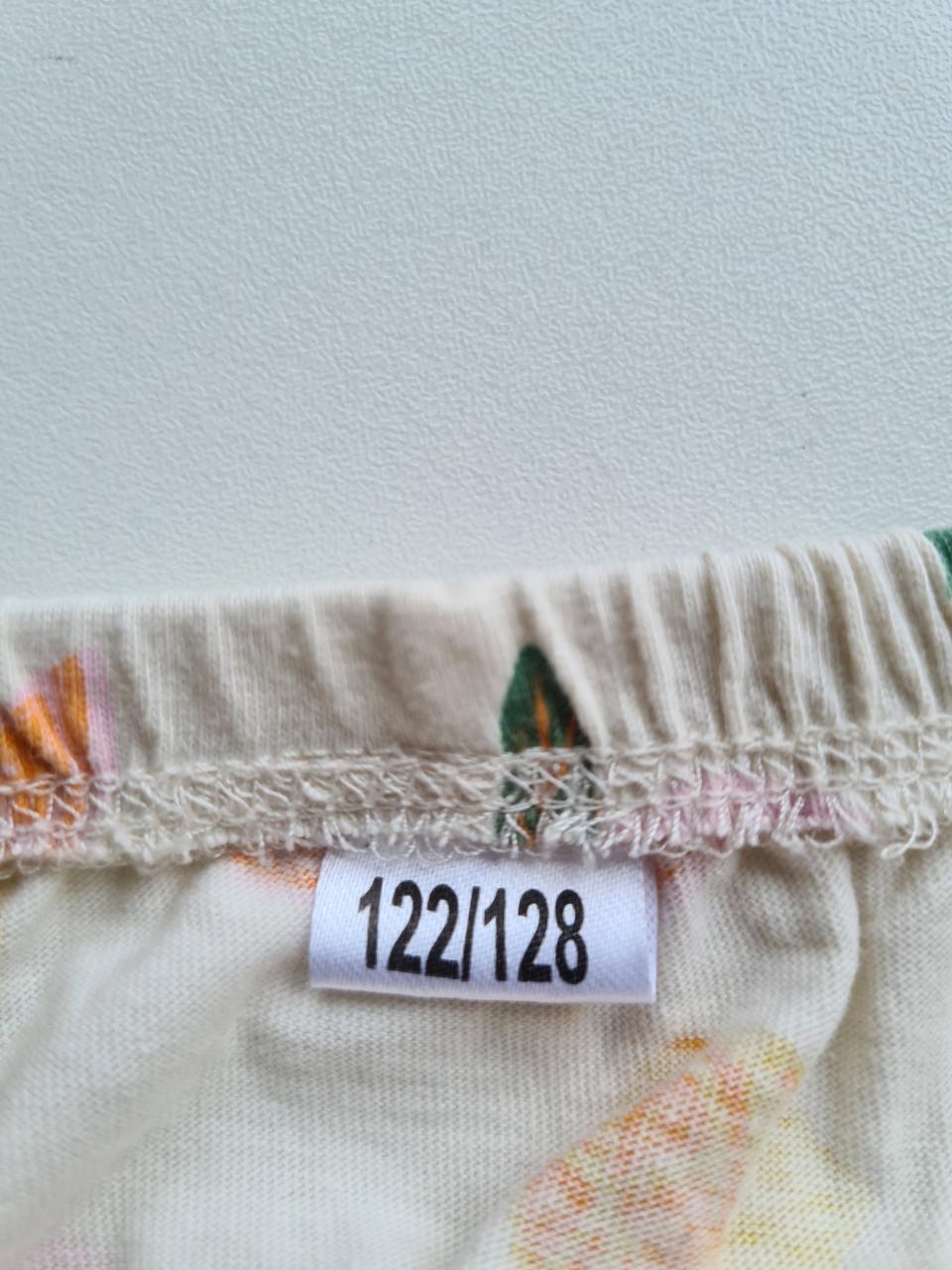 Ecru met roze,gele bloemen jurkje met roezel  Maat 122-128