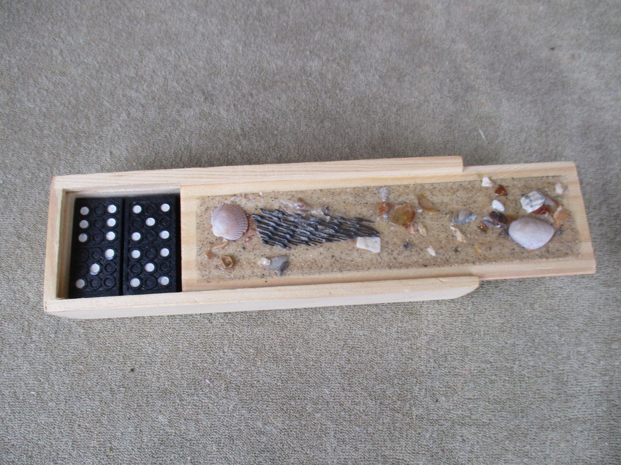 Domino spel in houten schuifdoosjes met stranddecoratie, 7 stuks