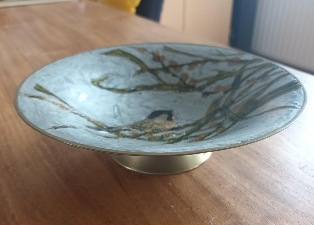 Messing cloisonné schaal met vogelmotief