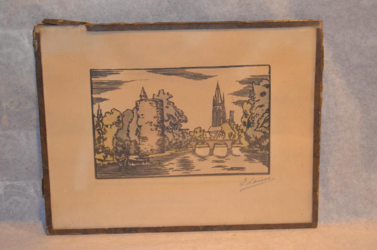 4 Etsjes gesign. ' E. Laun ' (?) dorps / stadsgezichten