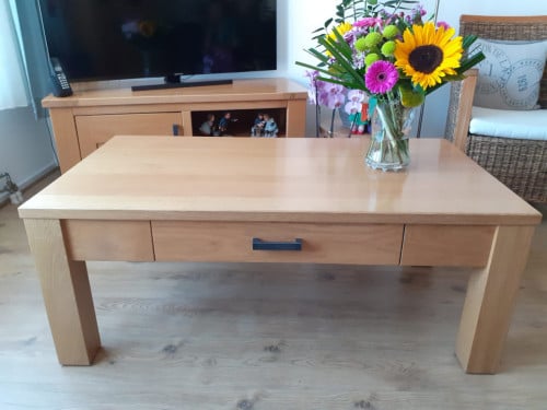 Als NIEUW: salontafel KELSEY massief EIKEN hout met lade