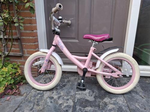 Roze meisjesfiets met zijwieltjes erbij (14 inch)
