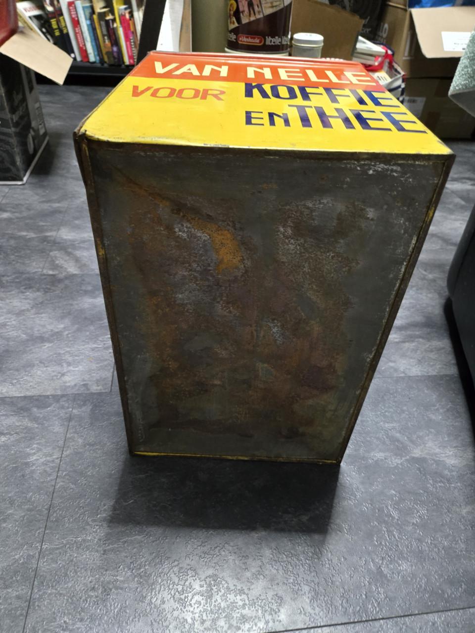 Groot, vintage Van Nelle voorraadblik voor koffie en thee jaren 30 tot 50
