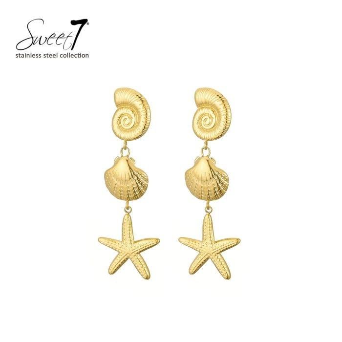 Oorbellen goudkleurig modieuze zeester, schelp en slak als oor stukje