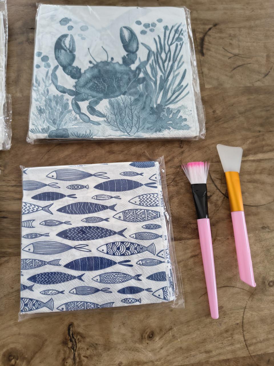Complete decoupage set, decoupage vissen zee, goud, blauw.