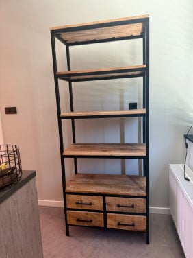 Vakkenkast met laden en stalen frame, Mangohout