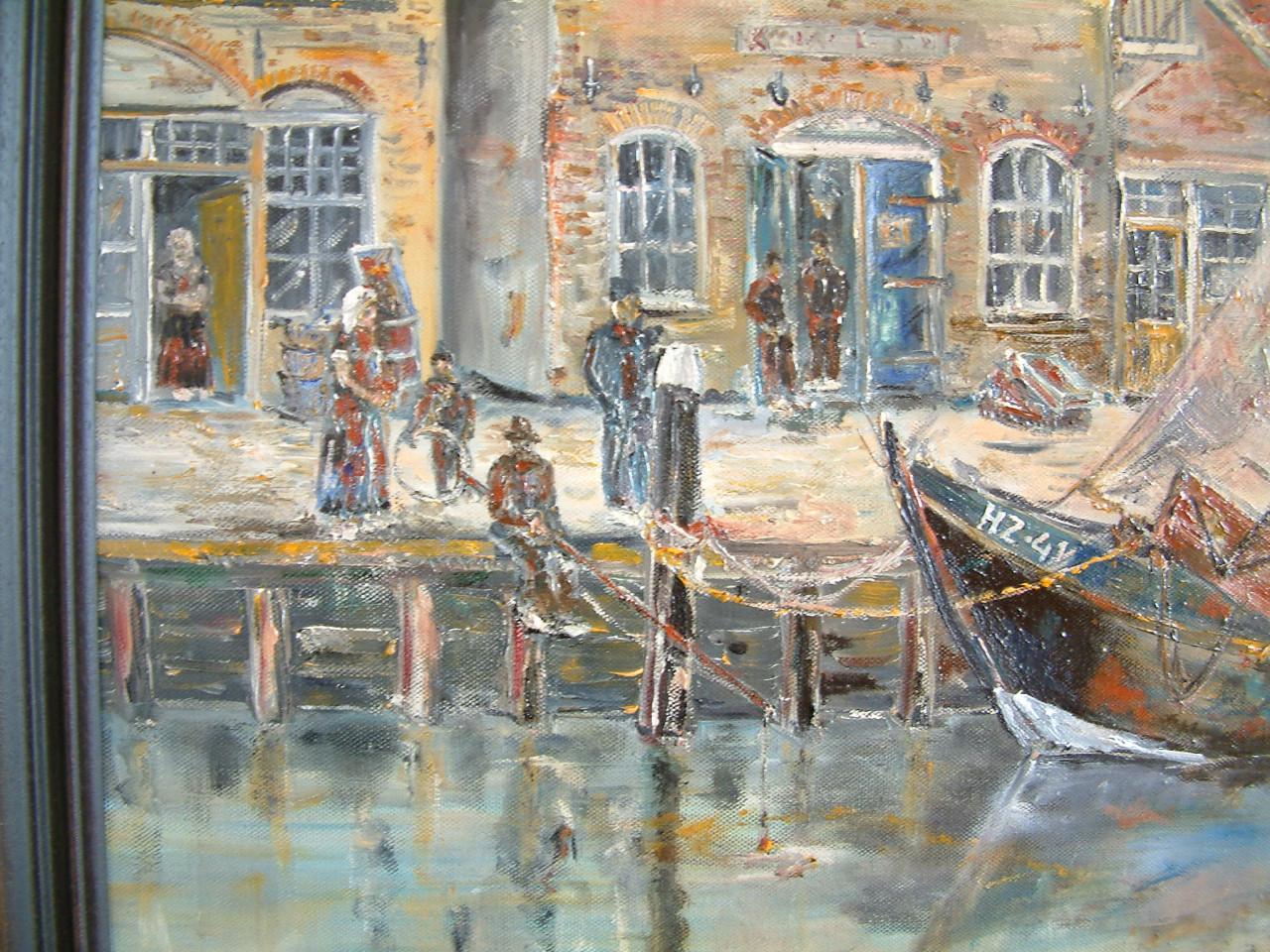 Zuiderzee botters in de haven   140 x 80 cm  olie verf  Jac Caljouw