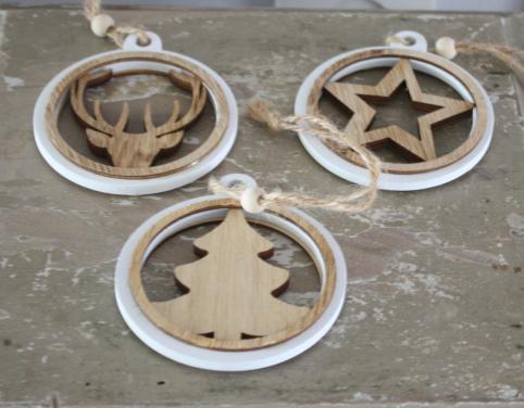 Set van 3 houten kersthangers rond