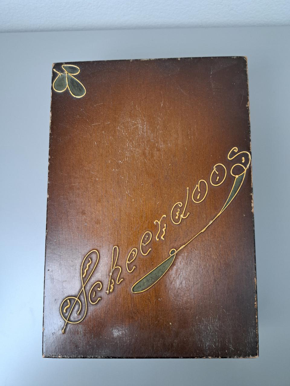 Vintage houten scheerdoos met spiegel en vakverdeling compleet