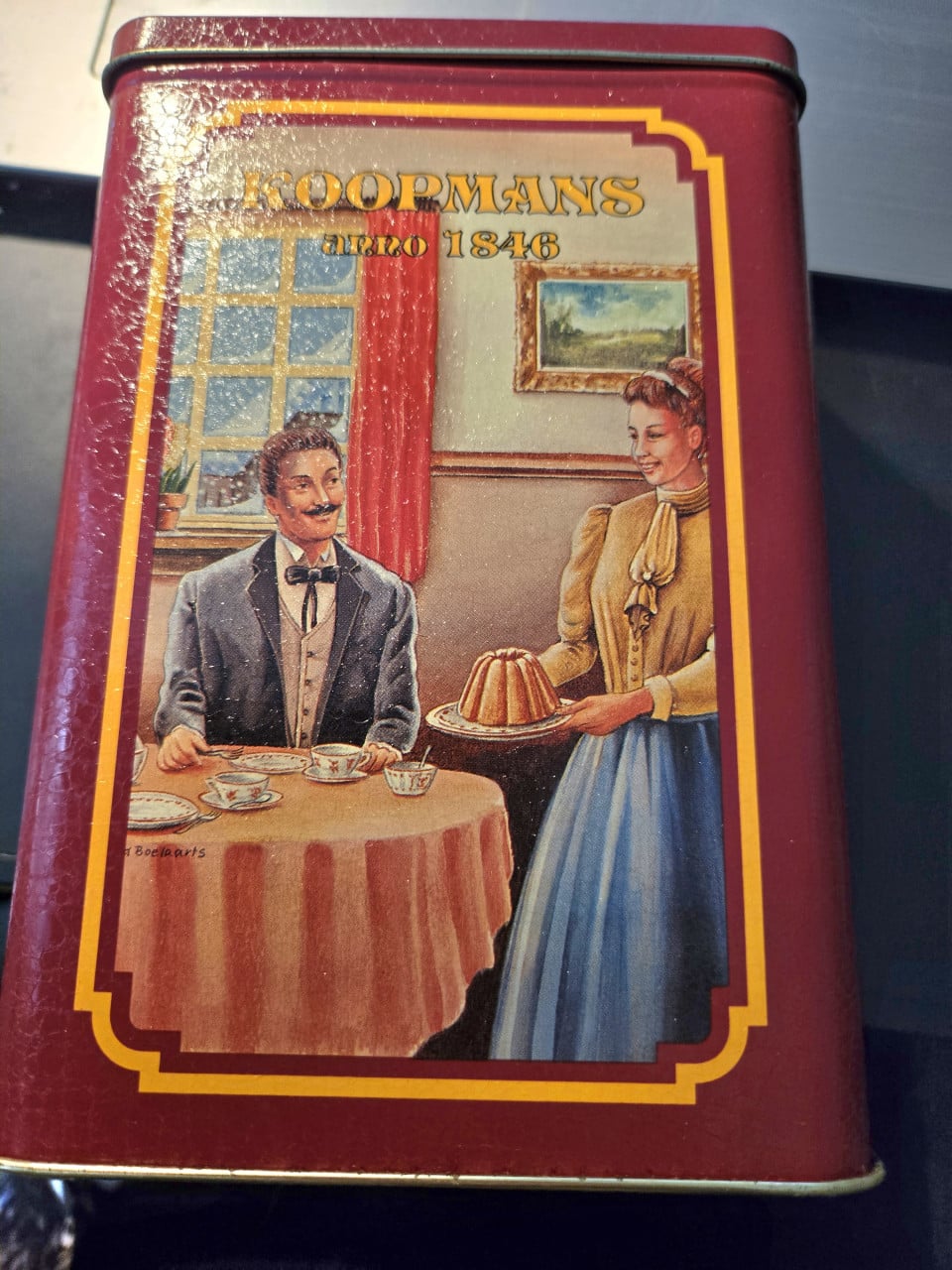 Vintage rechthoekige voorraadblik van Koopmans 18x12x8cm Geheel deukvrij.