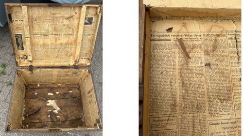Kist beplakt met oude kranten 1945