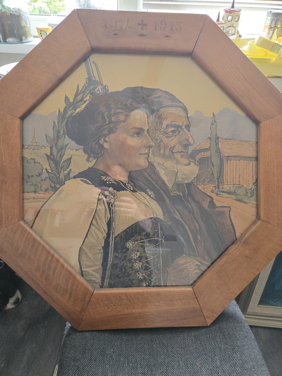 Schilderij 75x75 in houten lijst 1914-1915. Bieden mag