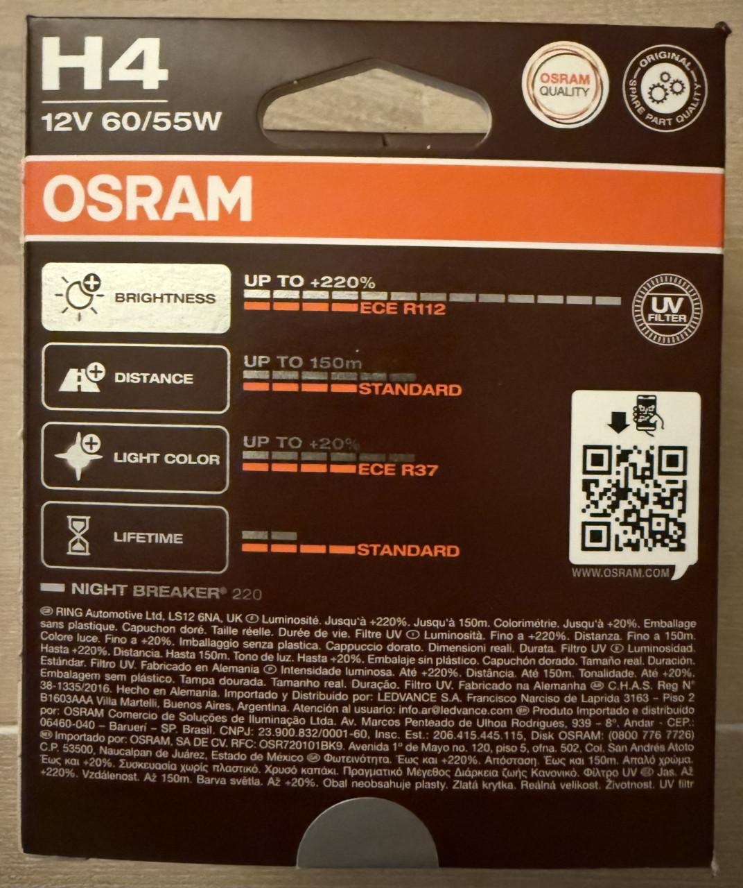 Osram H4 Night Breaker 220 autolampen (2 stuks)