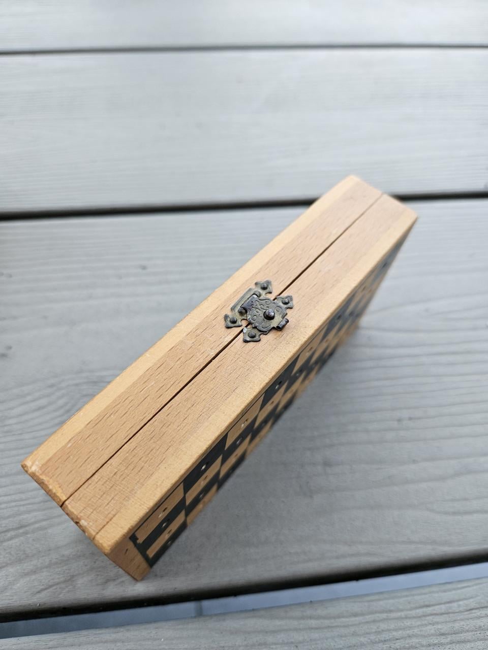 Vintage klein reis Schaakspel philos houten bord en stukken