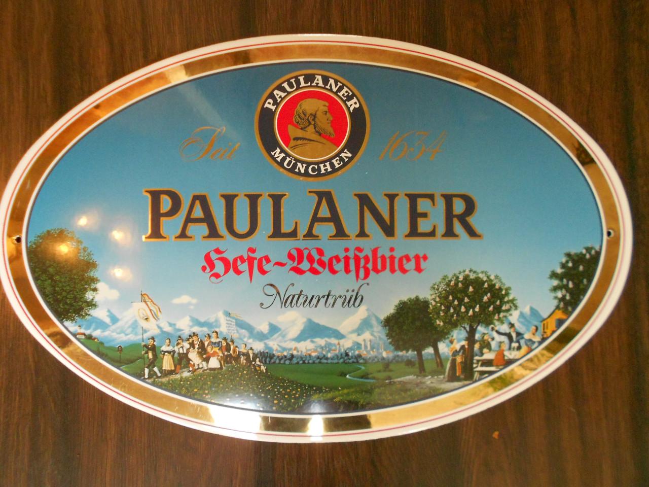 Emaille reclamebord plaat schild Paulaner bier