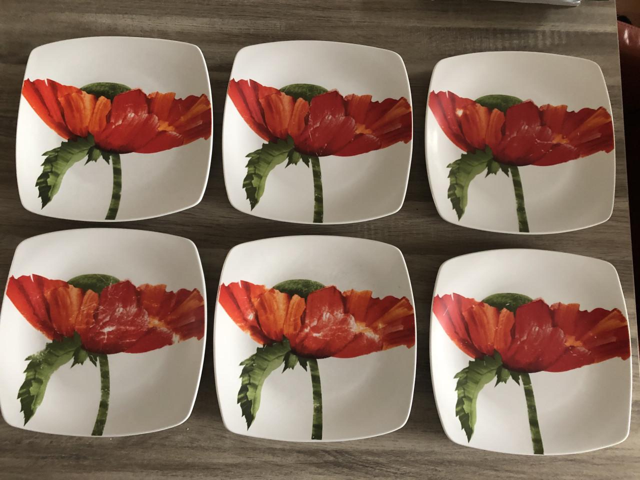 6 vierkante borden met klaproos