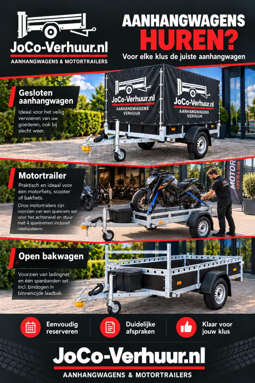 Motortrailer-bakwagen of huifaanhangwagen verhuur
