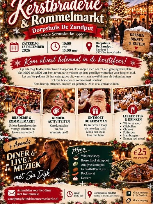 Zaterdag 12 december Kerstbraderie-rommelmarkt, Diner met Live Muziek