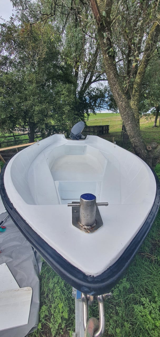 Polyester bootje 20pk incl. trailer, zonnebed en dekzeil