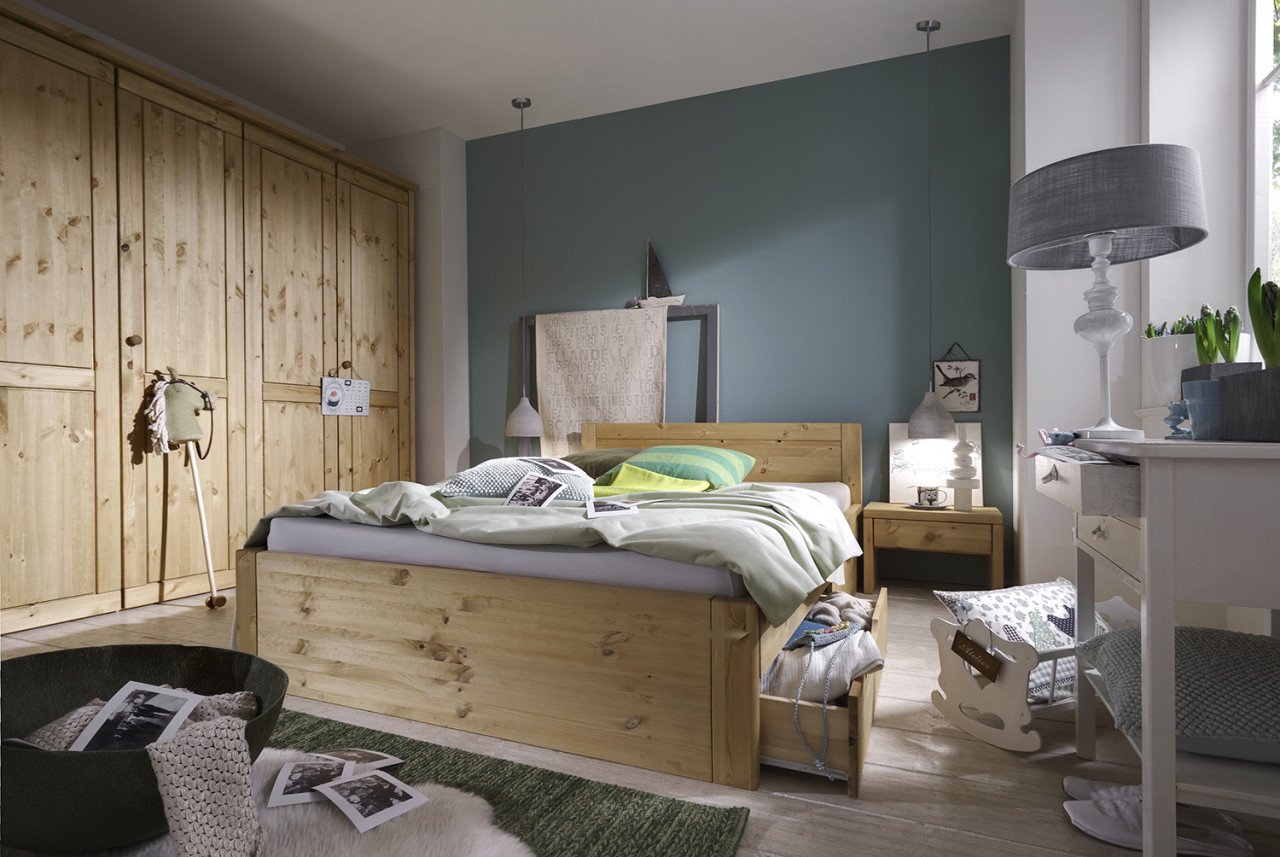 Massief grenenhout. Bed ODIN met bedlades. Natuur of in Wit