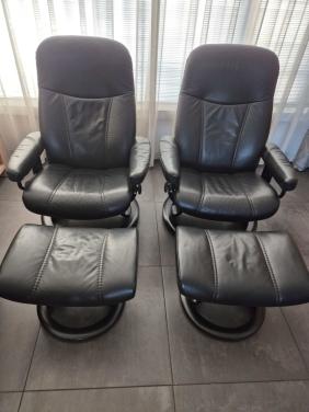 Relaxstoel zwart leer met voetenbank (2 stuks)