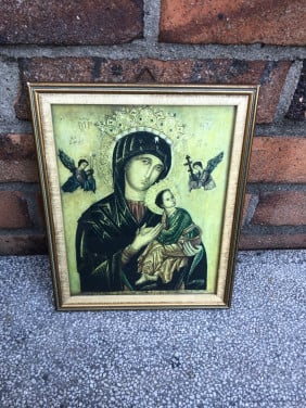 Mooie religieuze prent ingelijst achter glas afm 20 x 16 cm.