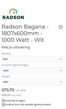 Radson Bagana elektrische radiator 1807x600mm 1000W wit