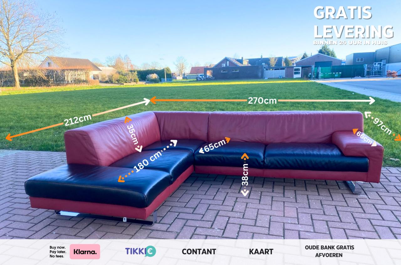 Montel Rood & Zwart Echt Leren Hoekbank–Luxe Comfort- Gratis Levering NL