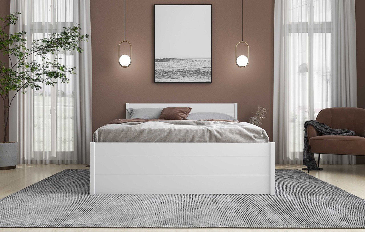 Tweepersoons massief grenen bed in Wit. 140, 160 of 180