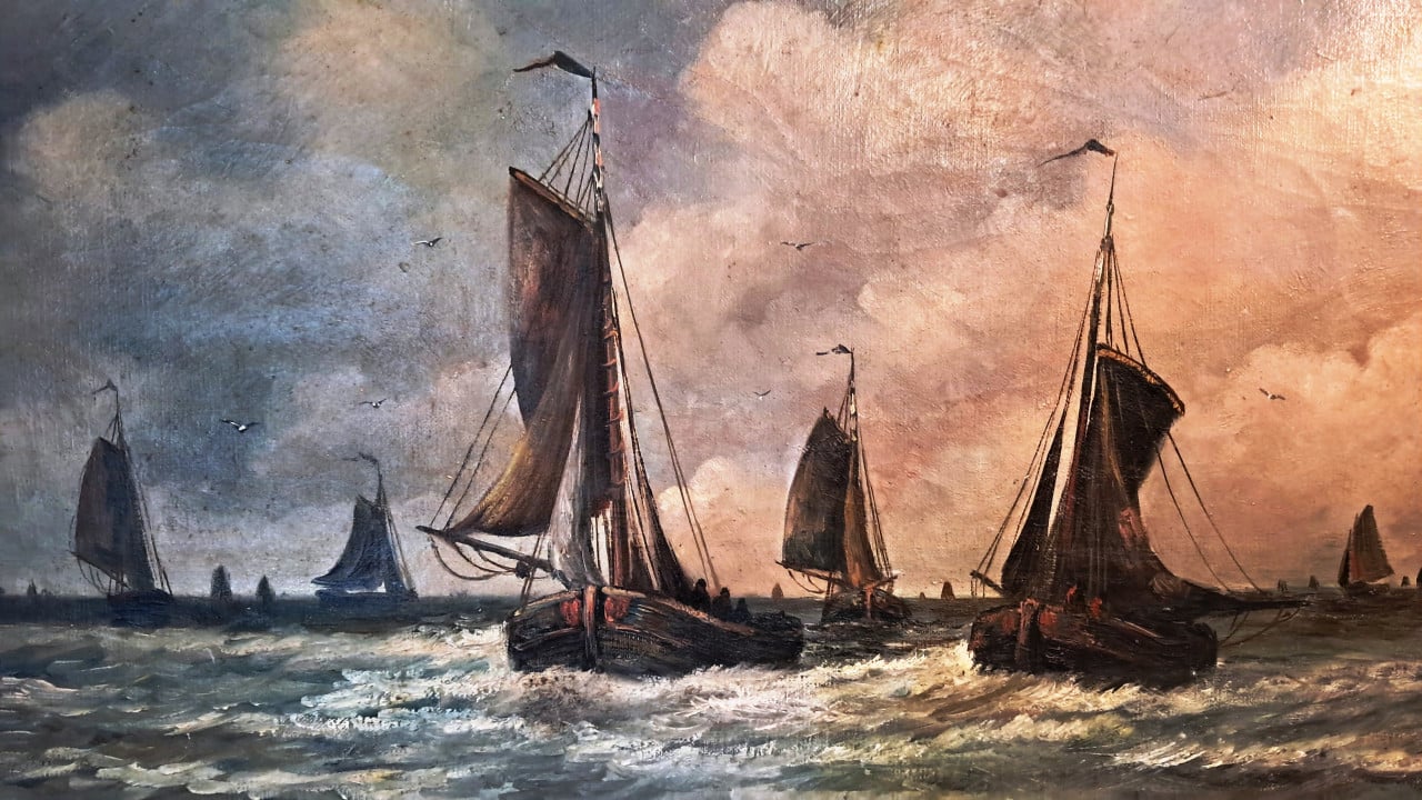 Prachtig schilderij vissersboten botters op weg naar het strand