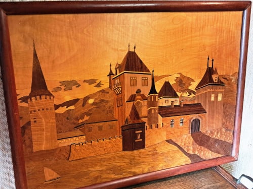 Houten marketerie kunstwerk