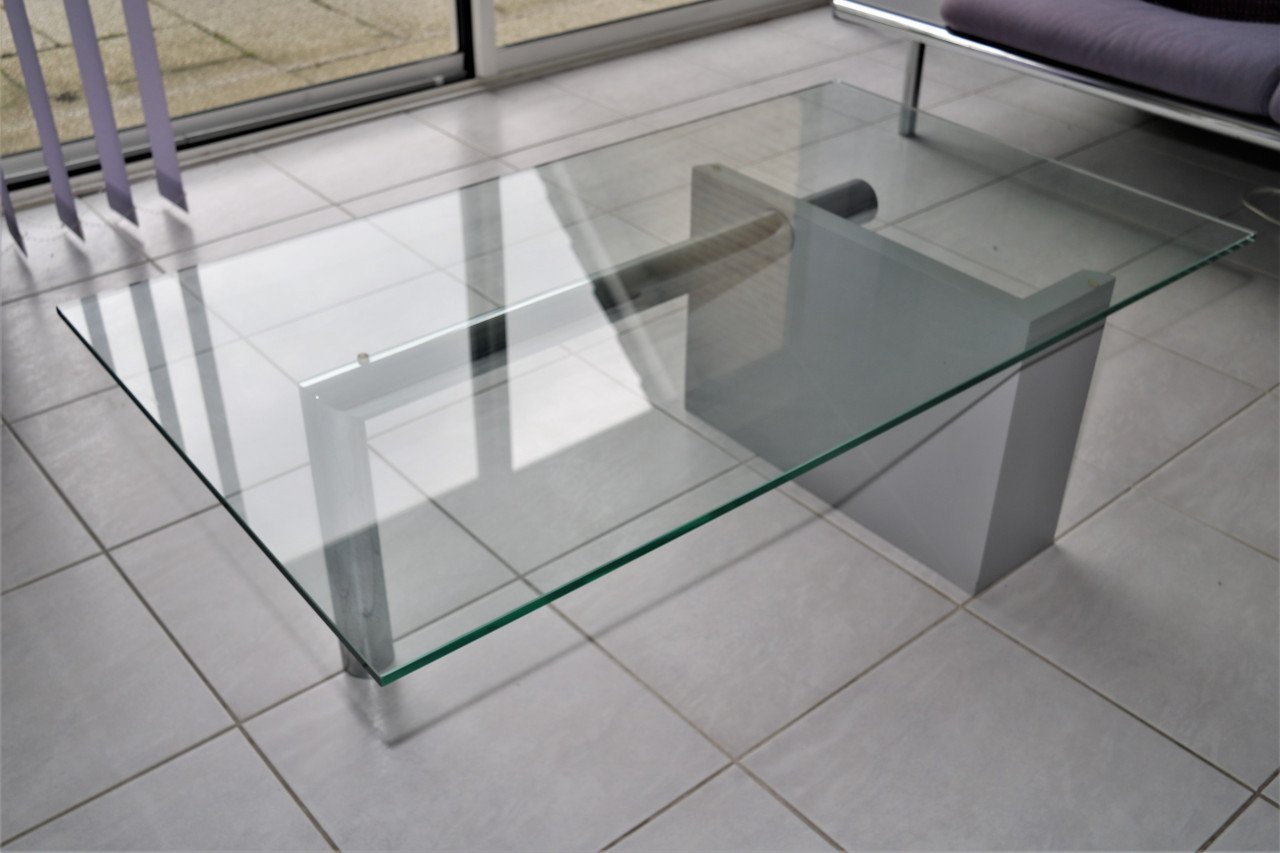 Salontafel modernistisch design, 80er jaren glas/grijs/staal