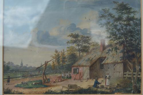 Olie op doek boerderijtje in landschap 19e eeuws.