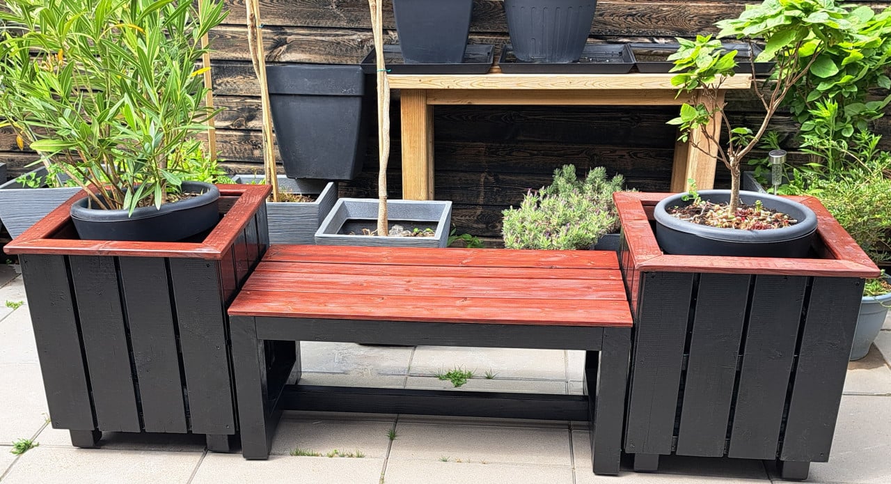 🌞Mooie, stevige tuinbank incl. 2 plantenbakken - strak design🌞