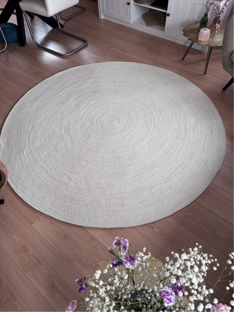 Vloerkleed wit rond 180 cm wol (zo goed als) nieuw