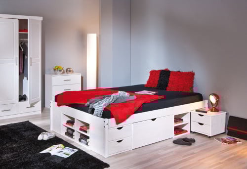 Massief grenen houten bed in Wit of Natuur met bedlades en nachtkastje