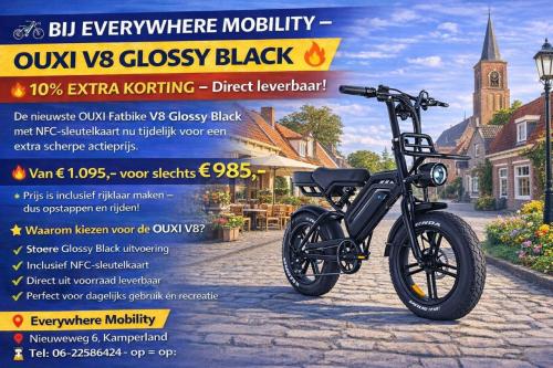 DE NIEUWE OUXI FATBIKE V8 GLOSSY BLACK EN NFC KAART van € 1095,- voor € 985