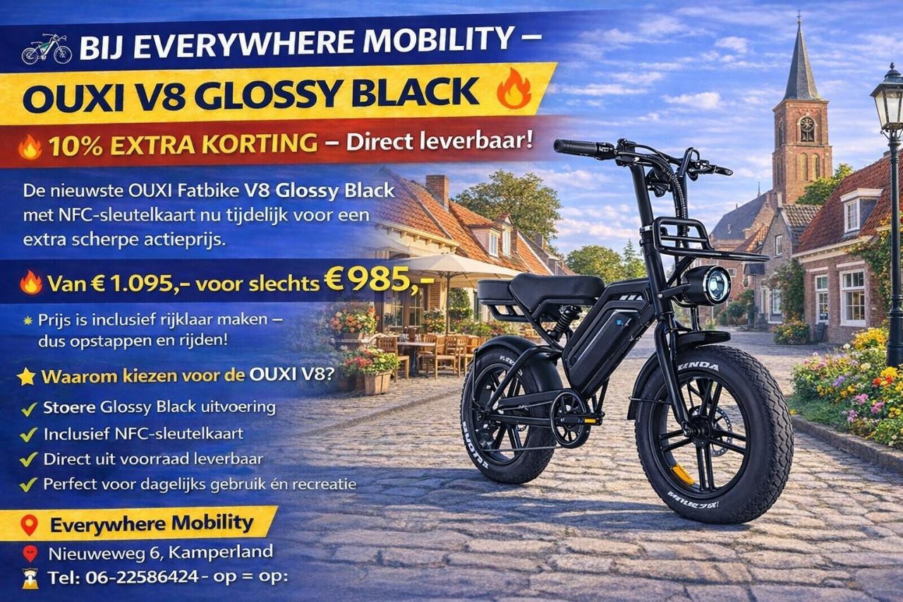 DE NIEUWE OUXI FATBIKE V8 GLOSSY BLACK EN NFC KAART van € 1095,- voor € 985