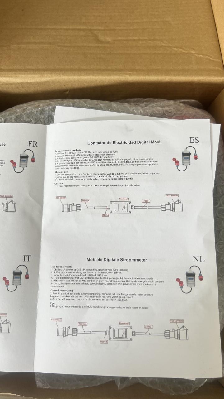 Mobiele tussenmeter 32A 400V CEE 5-polig digitale kWh-meter IP66