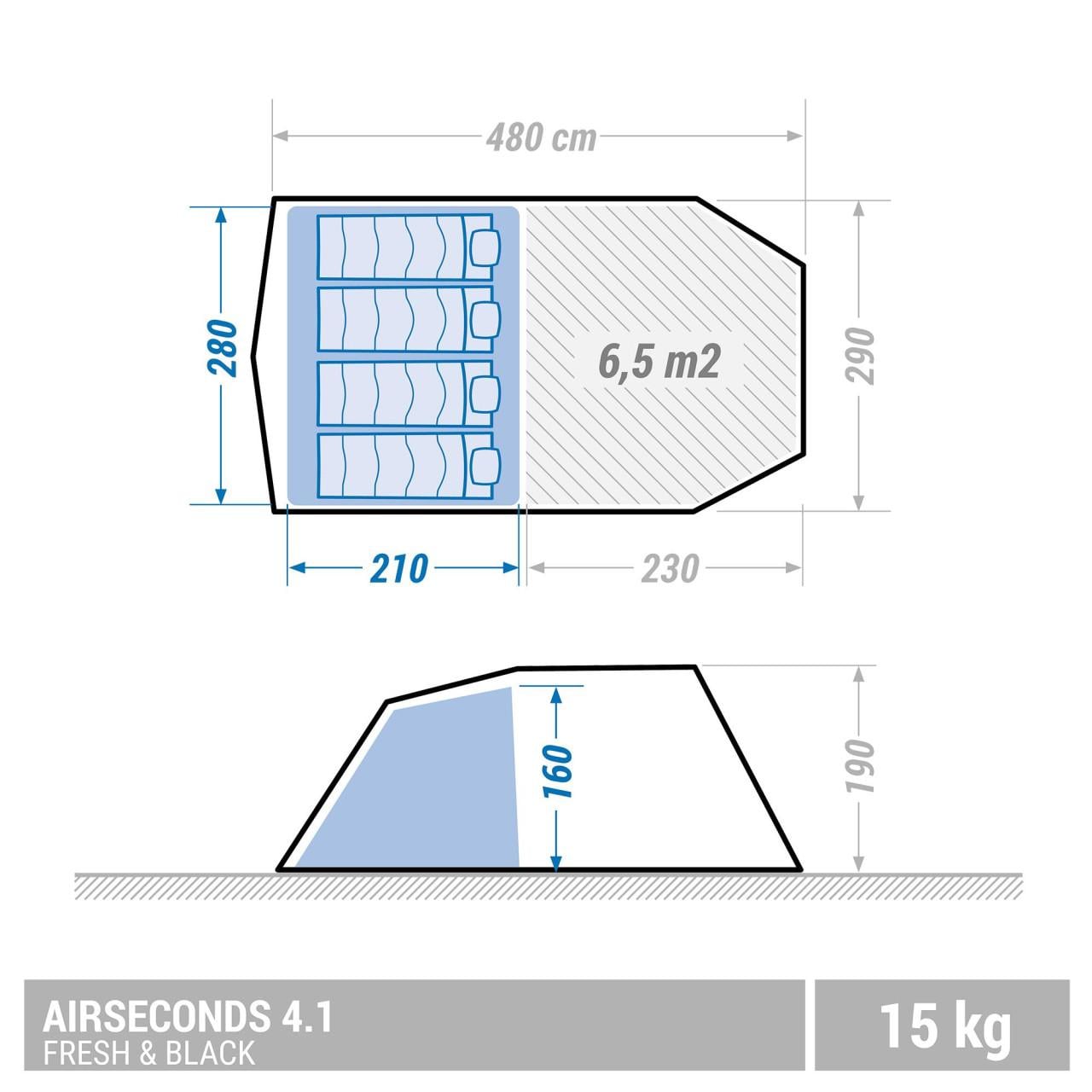 QUECHUA Opblaasbare tent 4 personen, Air Seconds 4.1 met Fresh & Black