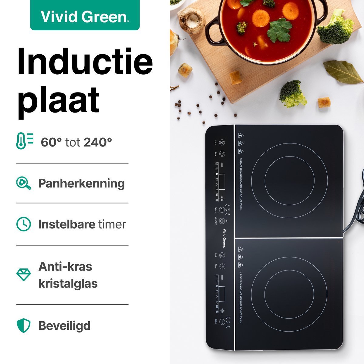 Inductie Kookplaat Vrijstaand 3500W 2 Kookzones 10 standen Vivid Green