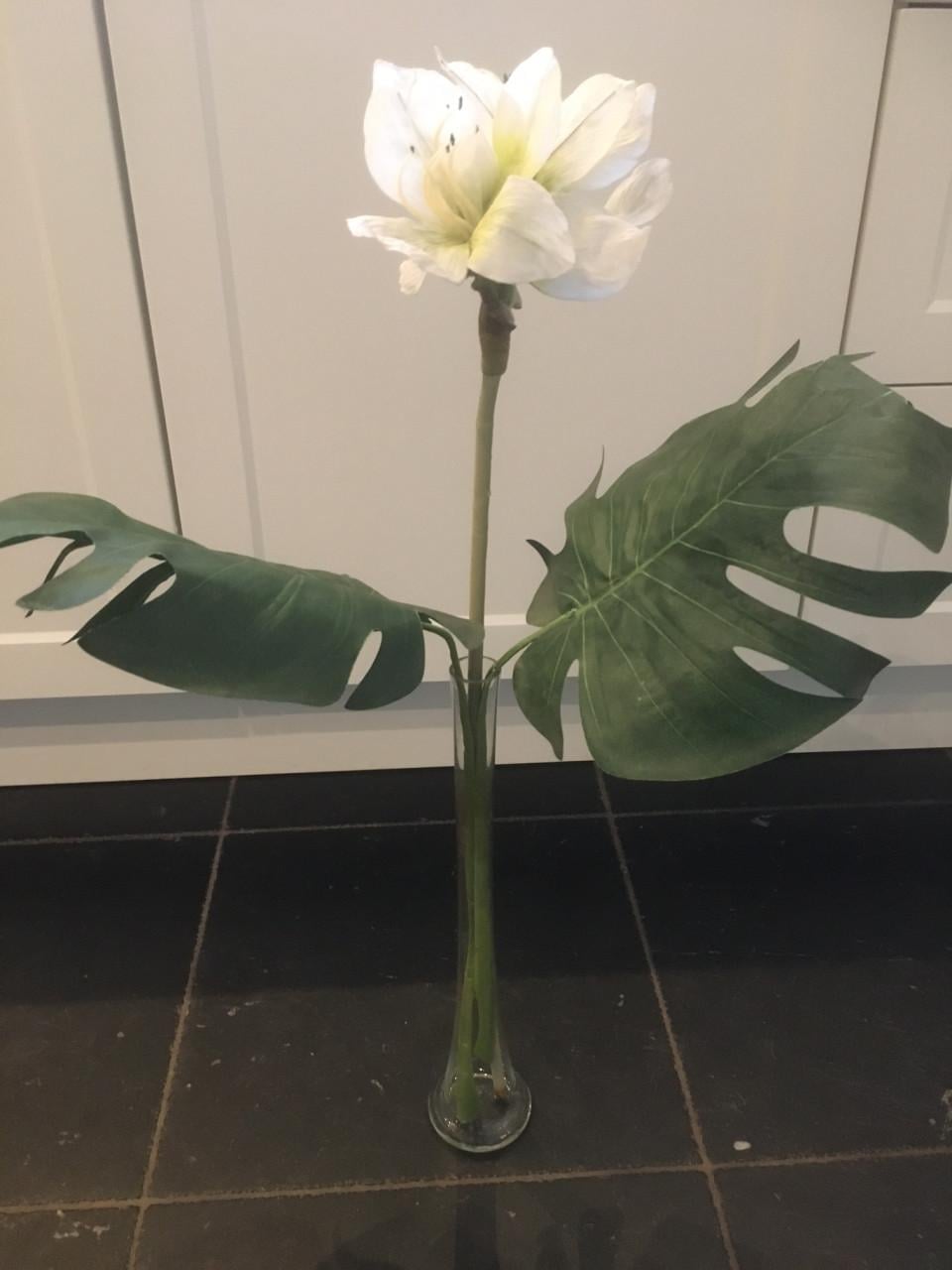 Mooie zijden amaryllis, inclusief glazen vaas. Vaas is 40 cm hoog.