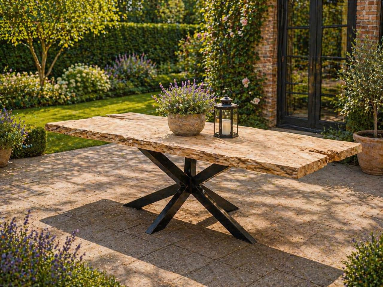 Eiken boomstamtafel / tuintafel met onderstel naar keuze 250x80