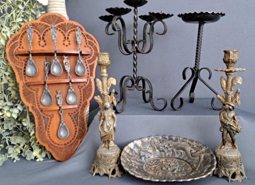 Diverse vintage kandelaars/lepelrek/schaal
